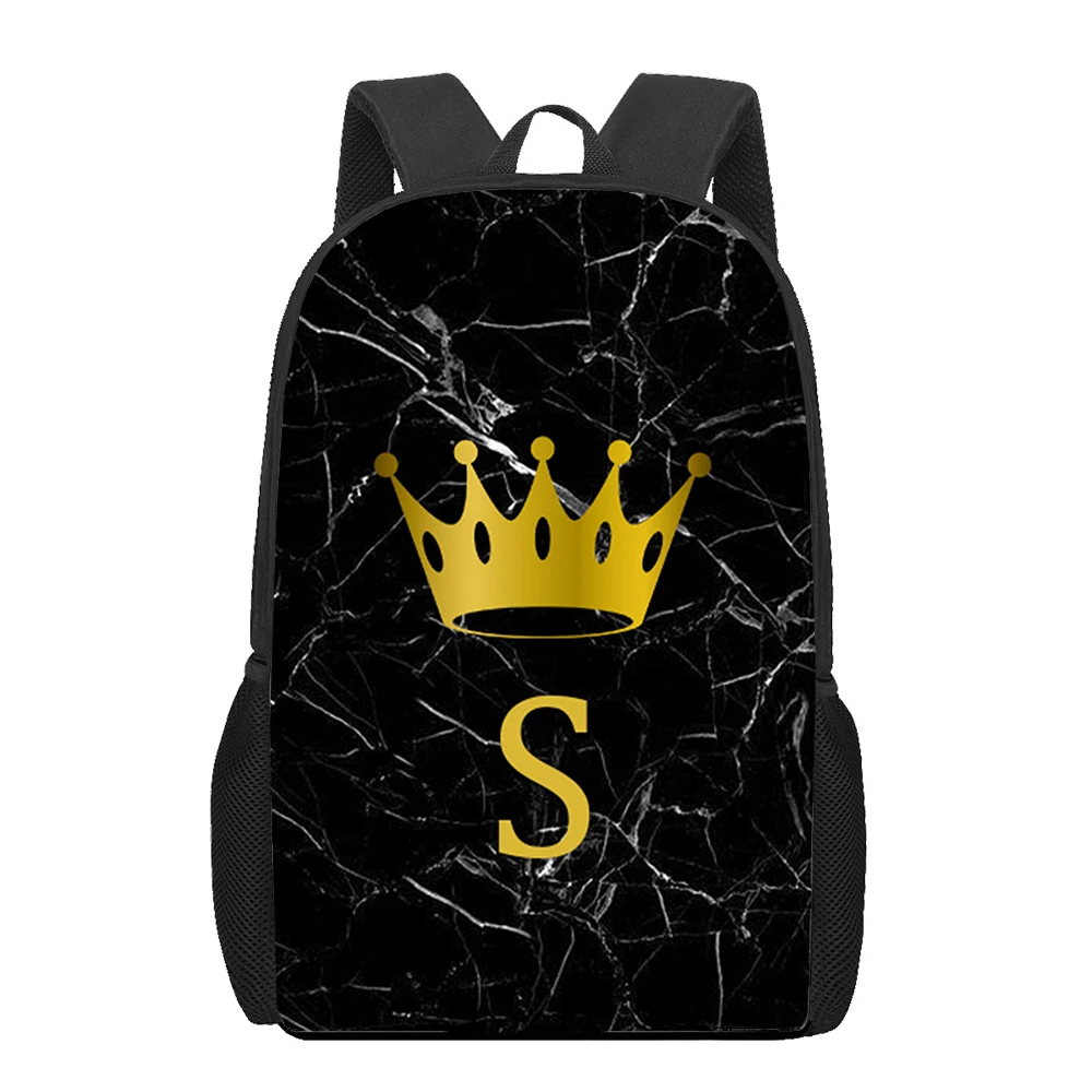 

Letter Marble Crown Pattern School Bags Boys Girls Unique Daily Shoulder Backpack Kids Book Bag Teenager Casual Travel Rucksack