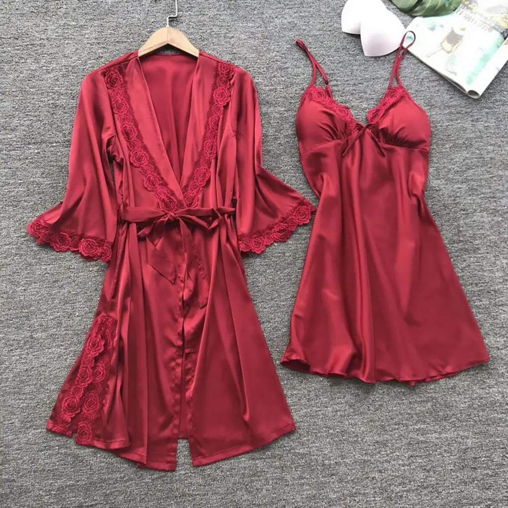 

Women Pajama Set Lace Patchwork Bow Decor Solid Color Loose Silky Lace-up Tight Waist Nightgown Sleeveless Split Nightdress Set