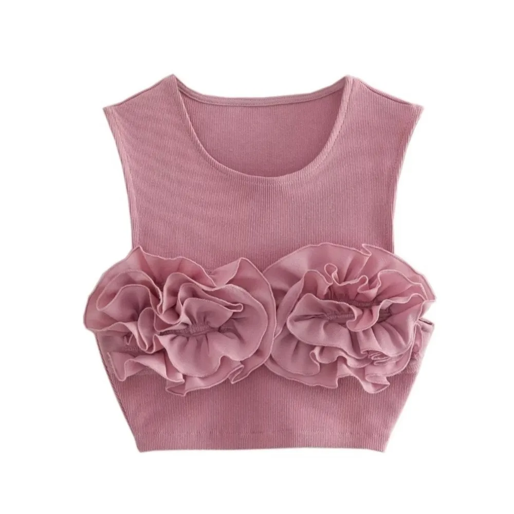 Casual Flower Appliques Knit Tank Tops Women O-Neck Sleeveless Short Vest Female 2023 Summer Elegant Slim Crop Top