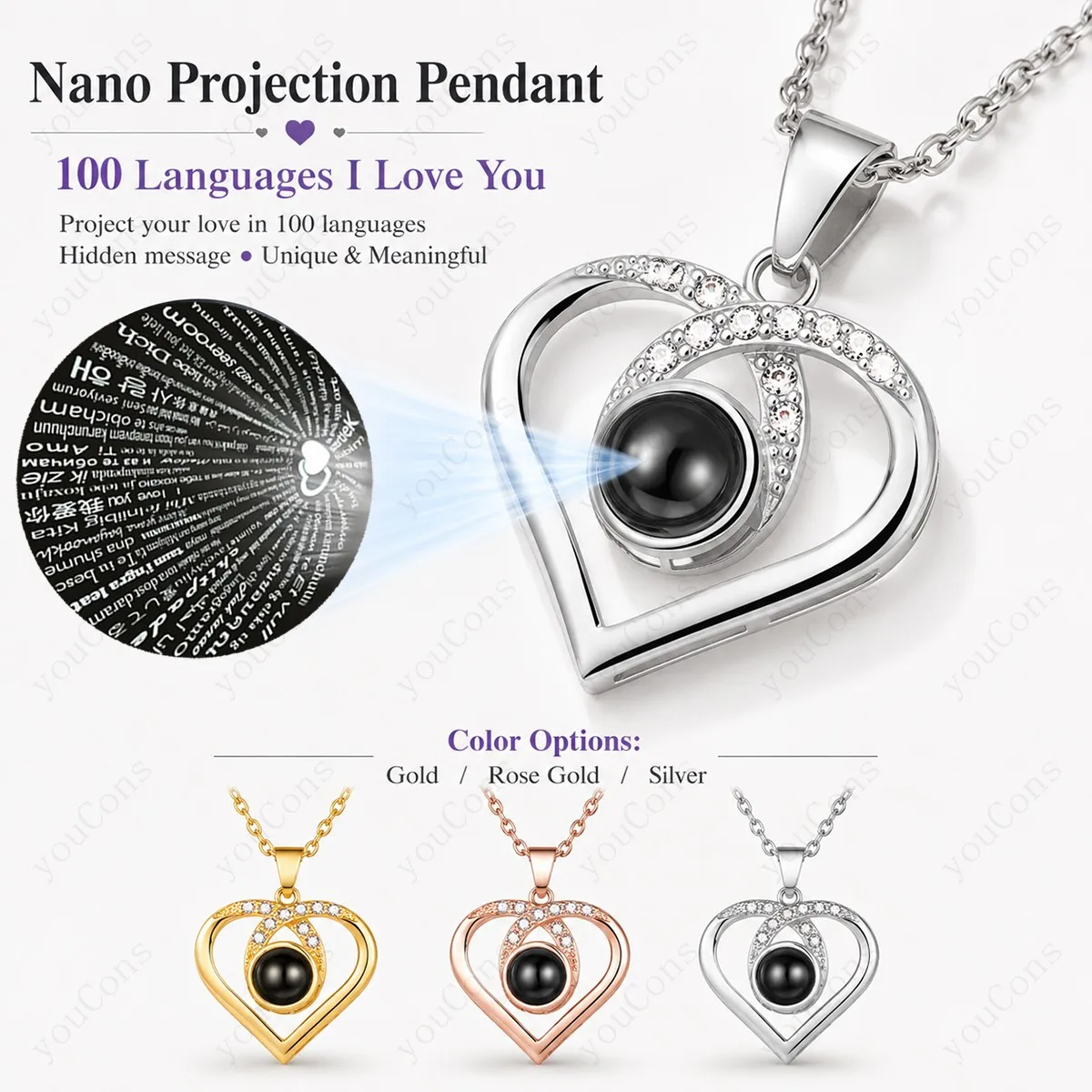 100 Languages I Love You Projection Necklace Heart Pendant With Multi Color Rose Gift Box Stainless Steel Chain Valentine's Day