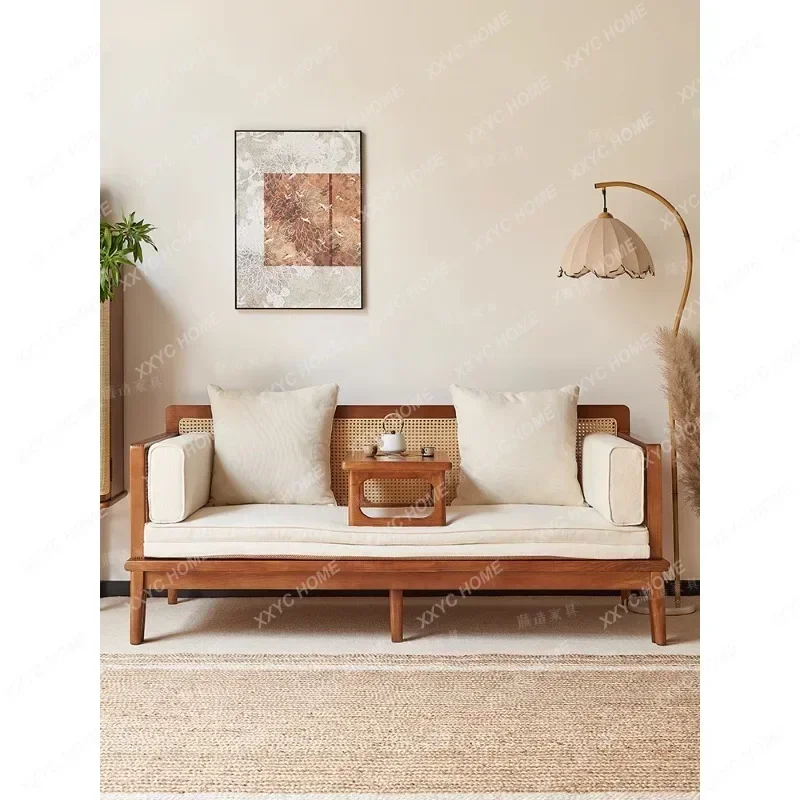 

Arhat Bed Small Apartment Dual-Use Retractable Sofa Log Style Retro Rattan Decoration B & B