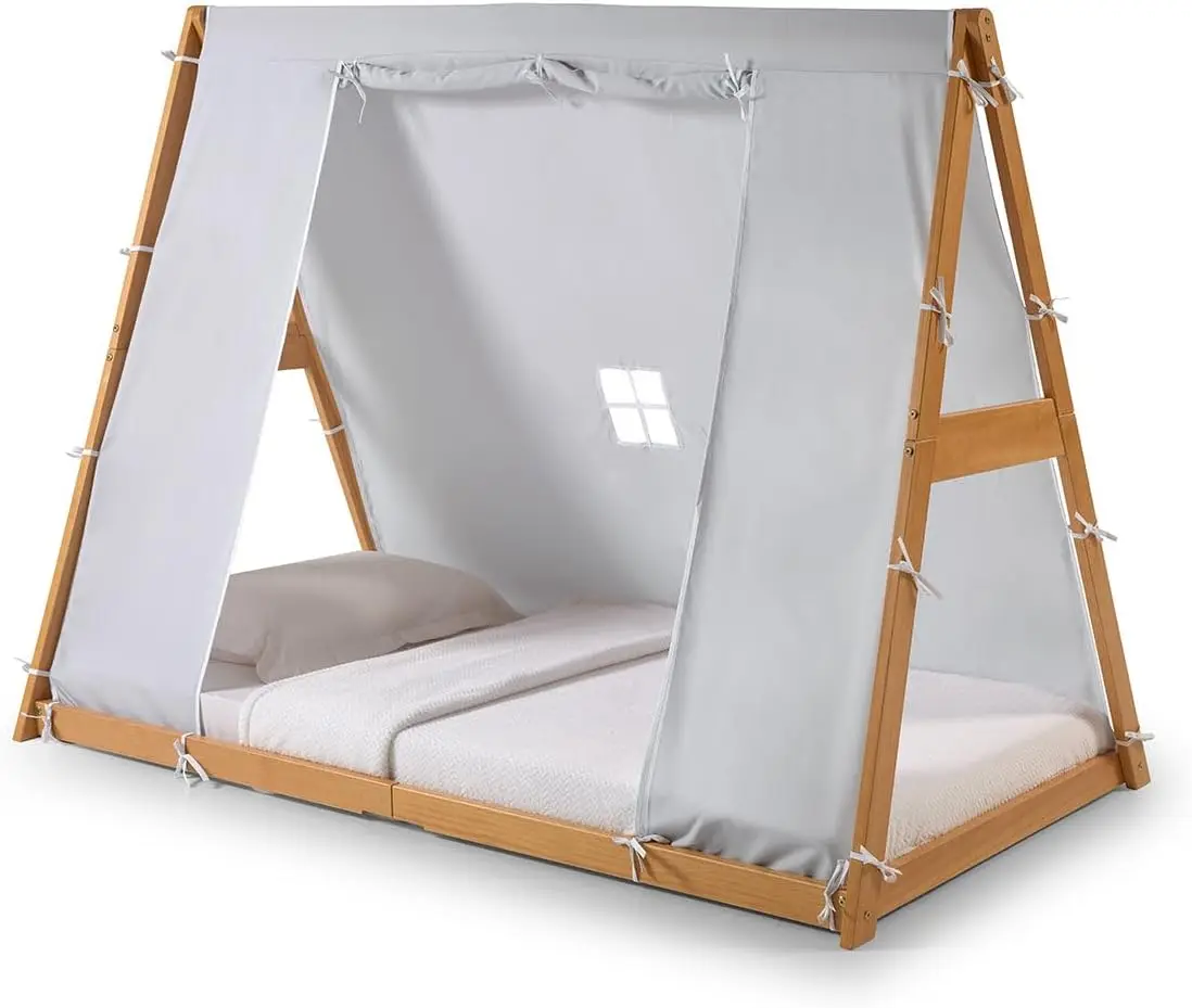 Cama doble de piso Tent: estructura natural o blanca, gris, muebles de dormitorio infantil... (marco natural)