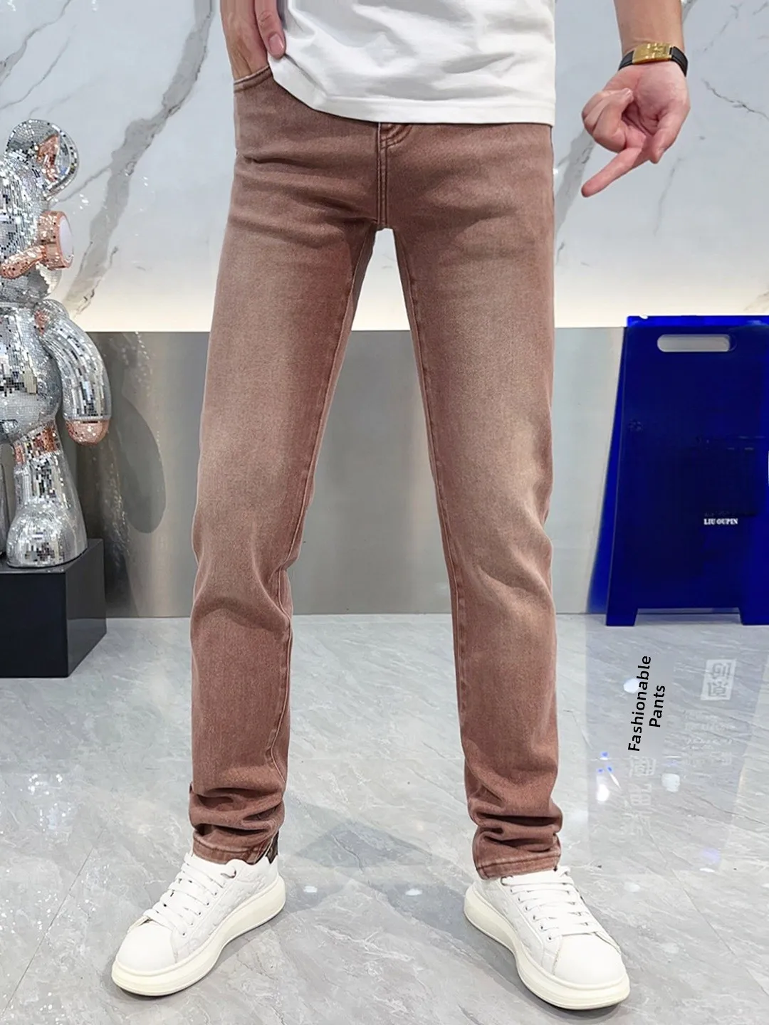 

Slim Fit Men's Denim Jeans Pure Color Elastic Casual Pants Autumn Faion Trendy Versatile mid Waist Zipper ket Breathable