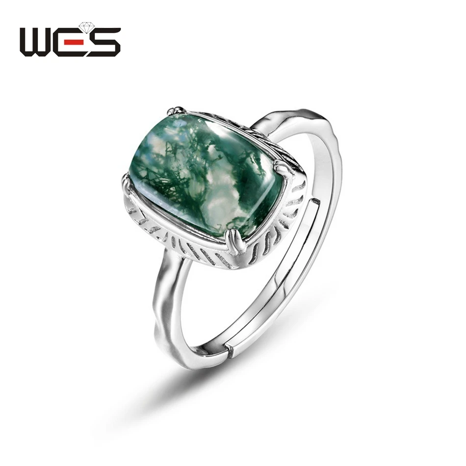 

WES 925 Sterling Silver Natural Gemstone 6.5*9mm Moss Agate Rings For Woman Certified Jewelry Wedding Birthday Christmas Gift