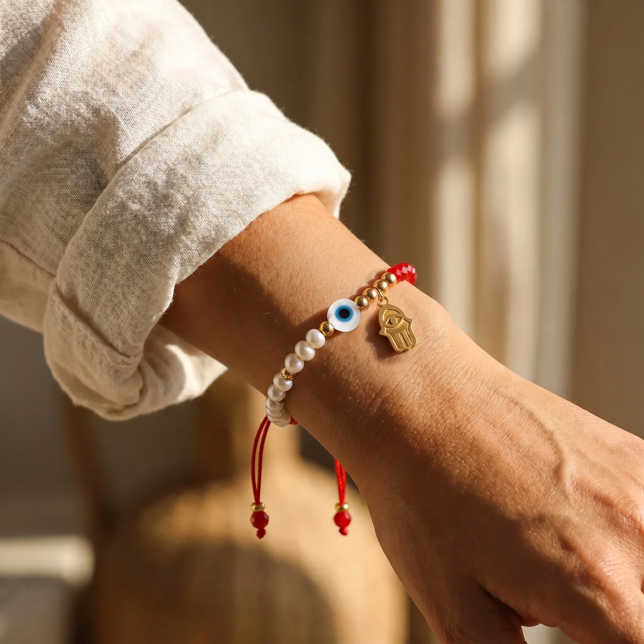1pc Women's Islamic Hamsa Hand Evil Eye Bracelet Oval Simulated Pearl Beads Gold Color Copper Lace-Up Strand
