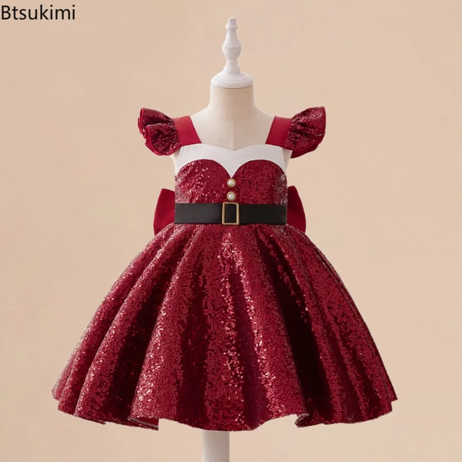 Girls Christmas Sequin Dress New Year Xmas Carnival Party Gown with Belt & Bow Sparkly Red Princess Dress for Holiday Pageant