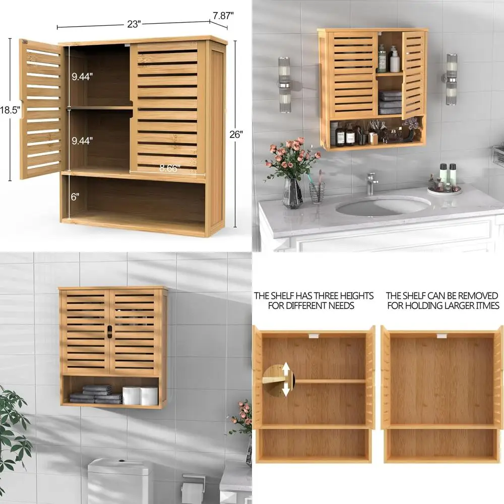 

Over-the-Toilet Bamboo Wall Cabinet with 2 Doors, Space-Saving Medicine Storage