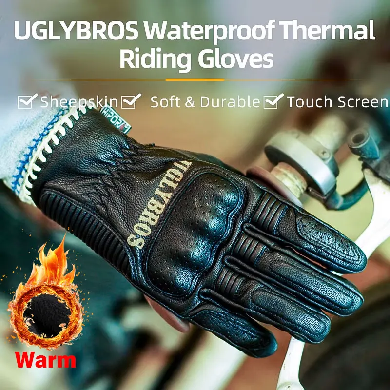 

UGLYBROS Winter Leather Motorcycle Gloves Retro Motorbike Riding Gloves Touch Screen Thermal Outdoor Motocross Moto Racing Biker