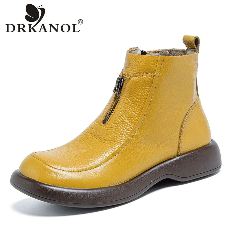 

DRKANOL Women Winter Warm Wool Snow Boots Genuine Cow Leather Flat Heel Retro Style Casual Shearling Fur Ankle Boots Ladies H828