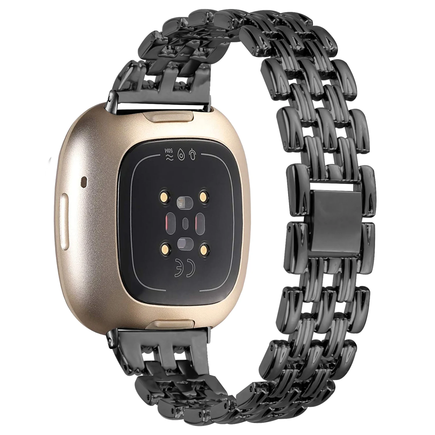 

For Fitbit Versa 4 / Sense 2 Stainless Steel Replacement Strap Hollow 5 Beads Metal Watch Band - Black