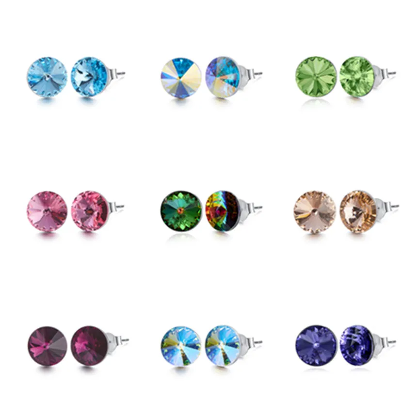 Fashion Simple Rainbow Round Crystals Silver Color Stud Earrings For Women Party Wedding Rhinestone Girl Jewelry korean earring