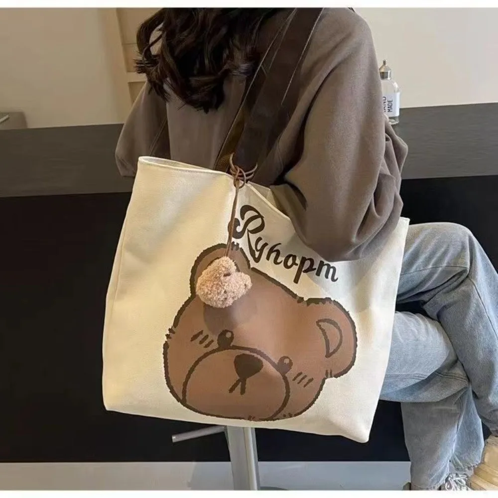 Cartoon Bear Canvas Shoulder Bag Handbag Large Capacity Tote School Bag Tutoring Bag Casual Commuting Bag Underarm Bag