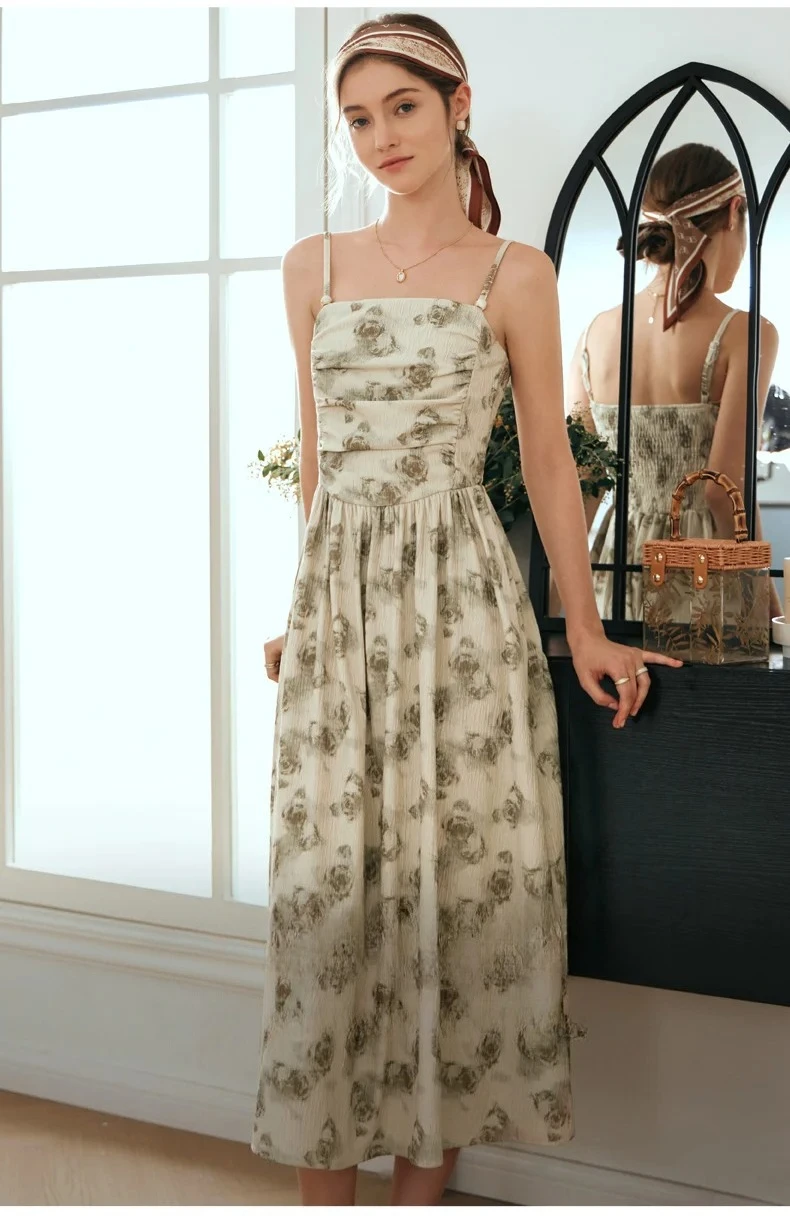 

OLrain Floral Women Dresses 2025 A-Line Printing Slash Neck Sleeveless Camisole Sexy Long Dress Women's Festive Dress O24CL83851