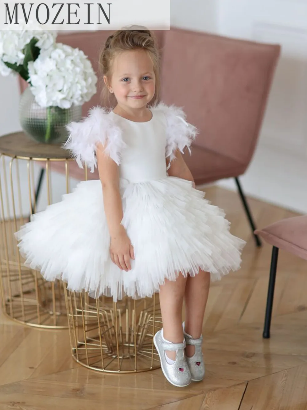 Mvozein White Flower Girl Dress Layers Girl Dress Feather Wedding Party Dress Kid\'s Birthday Dress First Communion Dress