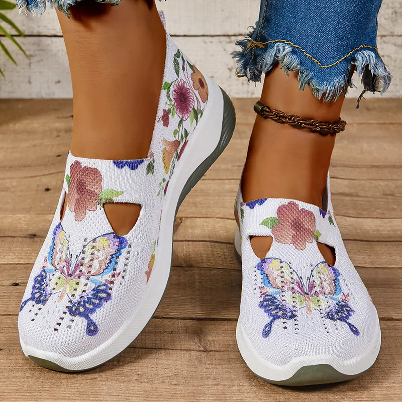 

New butterfly t-strap flat shoes woman gradient knit loafers women's soft breathable casual jogging shoes wedge grandma flats