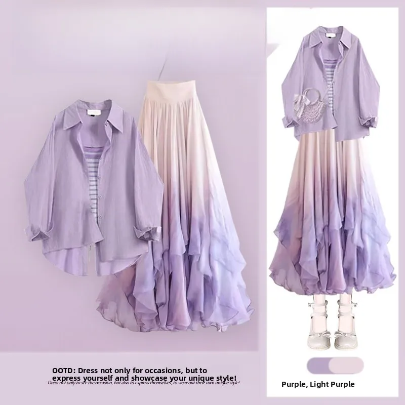 

Spring Summer Women's Slimming Stripe Sun Protection irt And Skirt Set Casual Sle Tee-Piece Suit for Casual Ocns