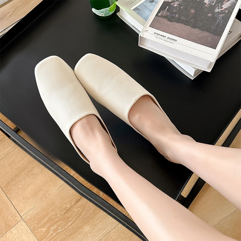 

High Quality Soft Leather Women Slippers Mules Summer Elegant Square Closed Toe Flat Slippers Comfortable Slides Size 35-40