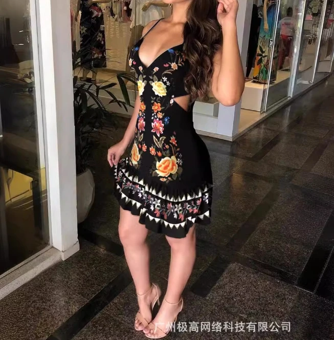 

Summer New Camisole Waist Exposed Print Dress with Holiday Style Print Sexy Elegant Tight Fitting Dress for Women