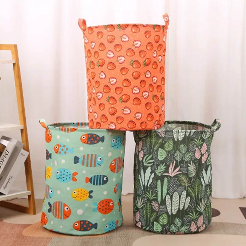 New in 2023 Linen Dirty Laundry Basket Foldable Round Waterproof Organizer Bucket Clothing Children Toy Large Capacity Storage