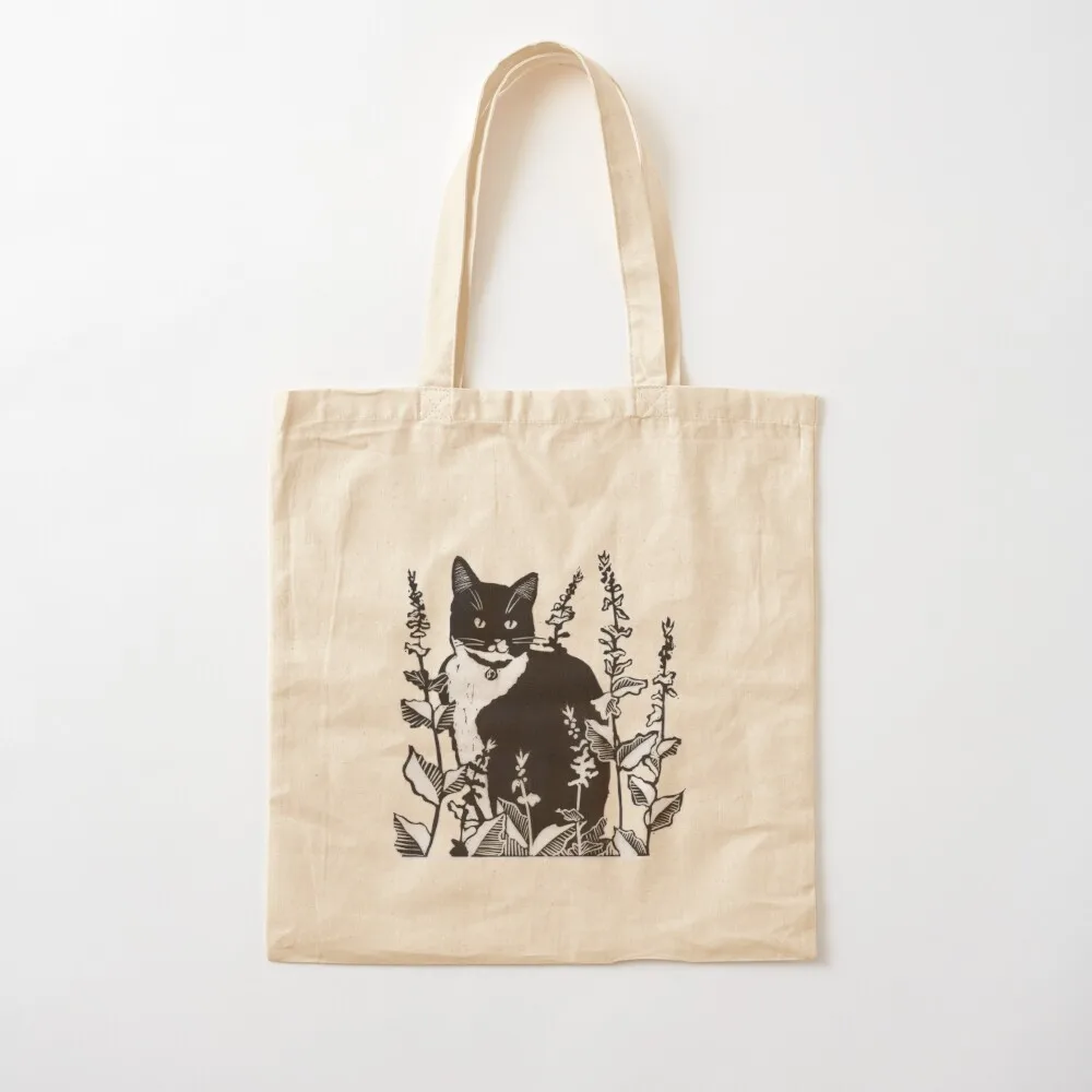 

Tuxedo Cat in the Flower Garden Tote Bag reusable grocery bags Canvas stote bag shopping cart bags Beach bag Canvas Tote