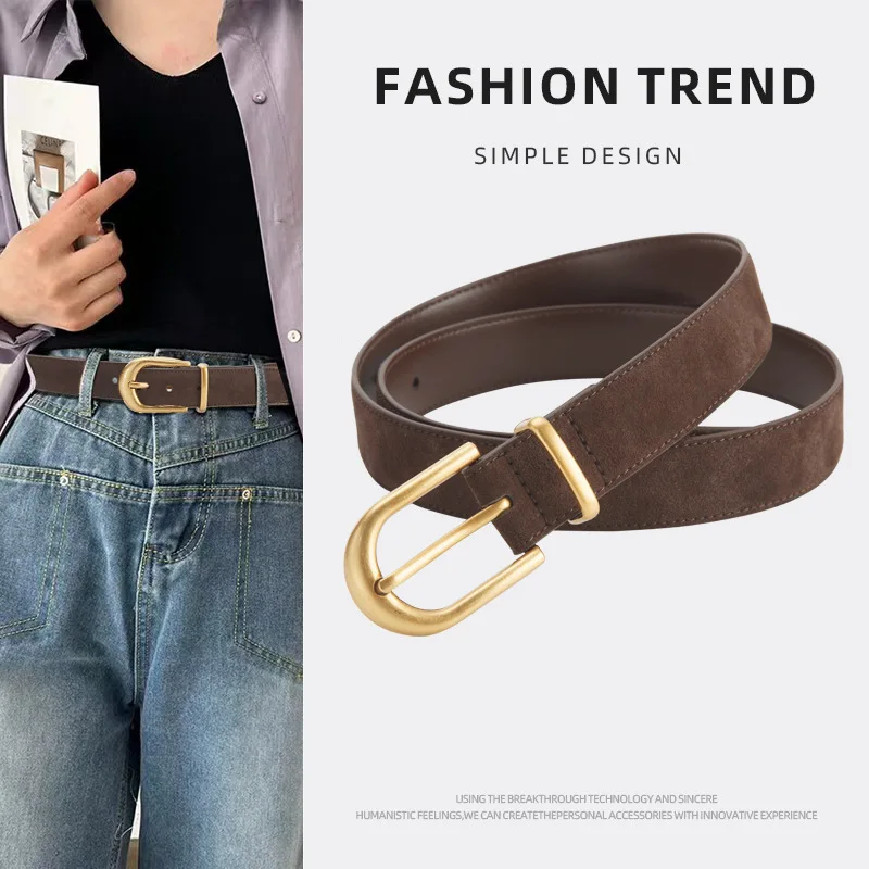 

Новый женский замшевый кожаный ремень 2026 года: повседневный, универсальный, деловой, модный, класса люкс, с пряжкой-штифтом