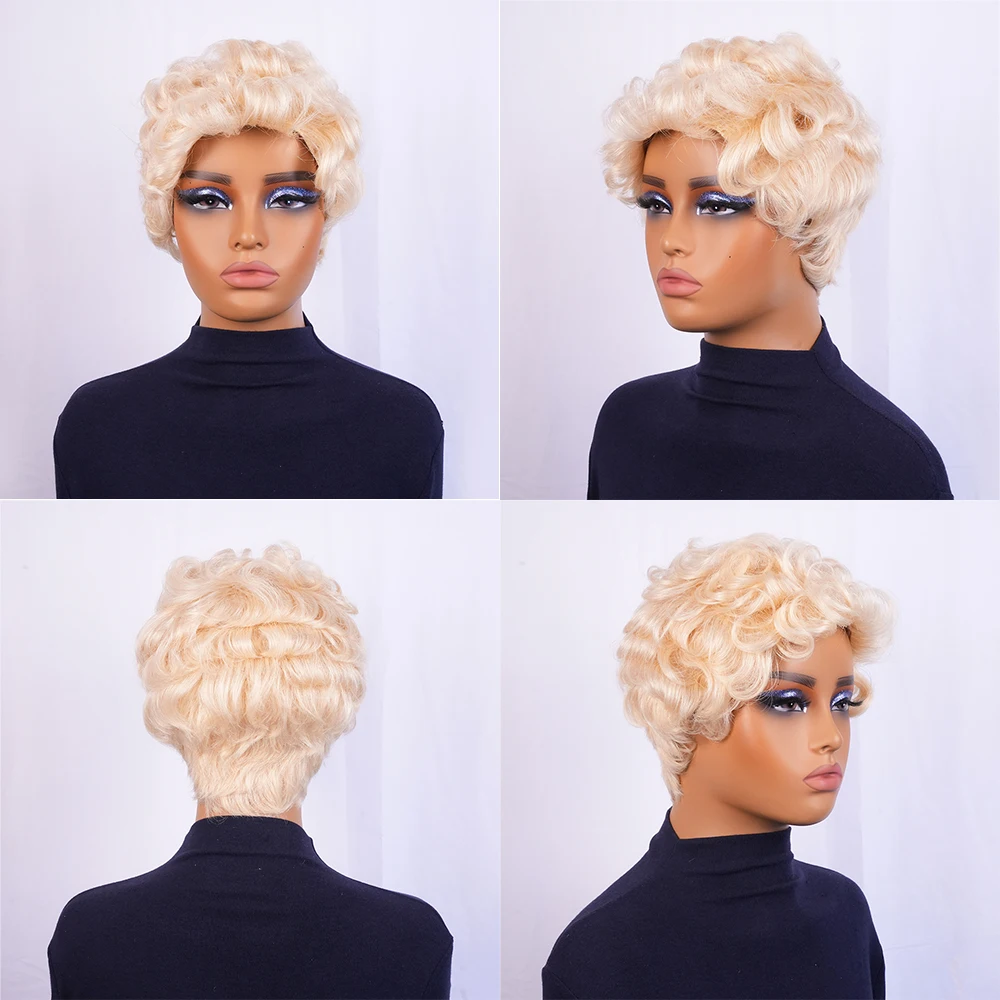 شقراء قصيرة عابث قطع الباروكات شعر الإنسان فضفاض موجة مجعد الباروكات مع الانفجارات للنساء الشعر البرازيلي آلة صنع قبعة تأثيري اليومي