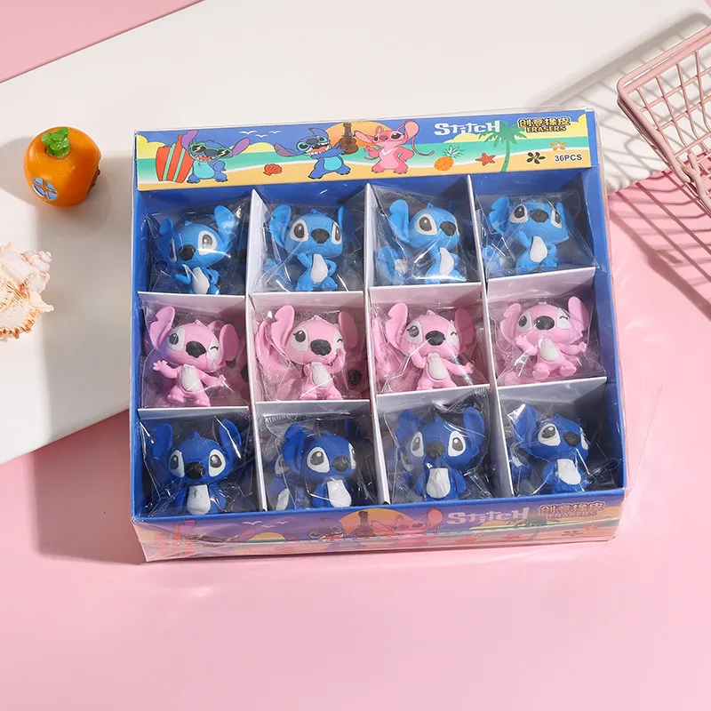Stitch 36 Uds. Juego de borrador de dibujos animados Disney Tide Play lindo muñeco estéreo 3D lápiz borrador estudiante papelería de aprendizaje premio de profesor