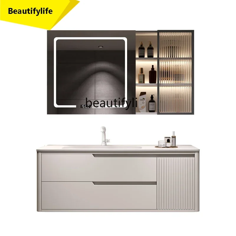 

Cream Style Stone Plate Double Basin Bathroom Cabinet Seamless Ceramic Basin Solid Wood Oak Washbasin