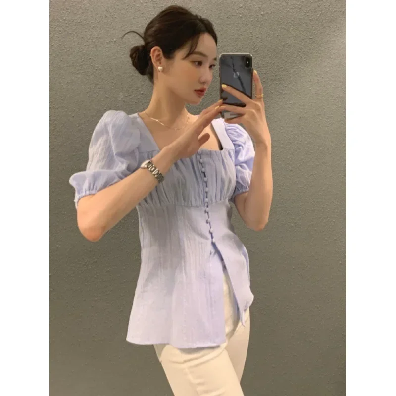 

Women Single Breasted Jacquard Top Short Sleeved Shirt Blusas Mujer Crop Blouse Style White Femme Camisas Square