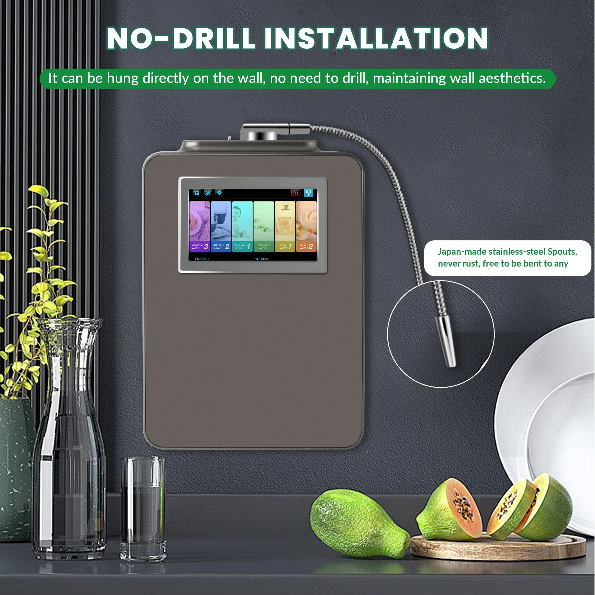 مولد مياه الهيدروجين 8 فوق كاونتر اكستريم -PL أطباق تيتانيوم مطلية بالبلاتين تعمل بالطاقة الكهربائية المنزلية EHM-959