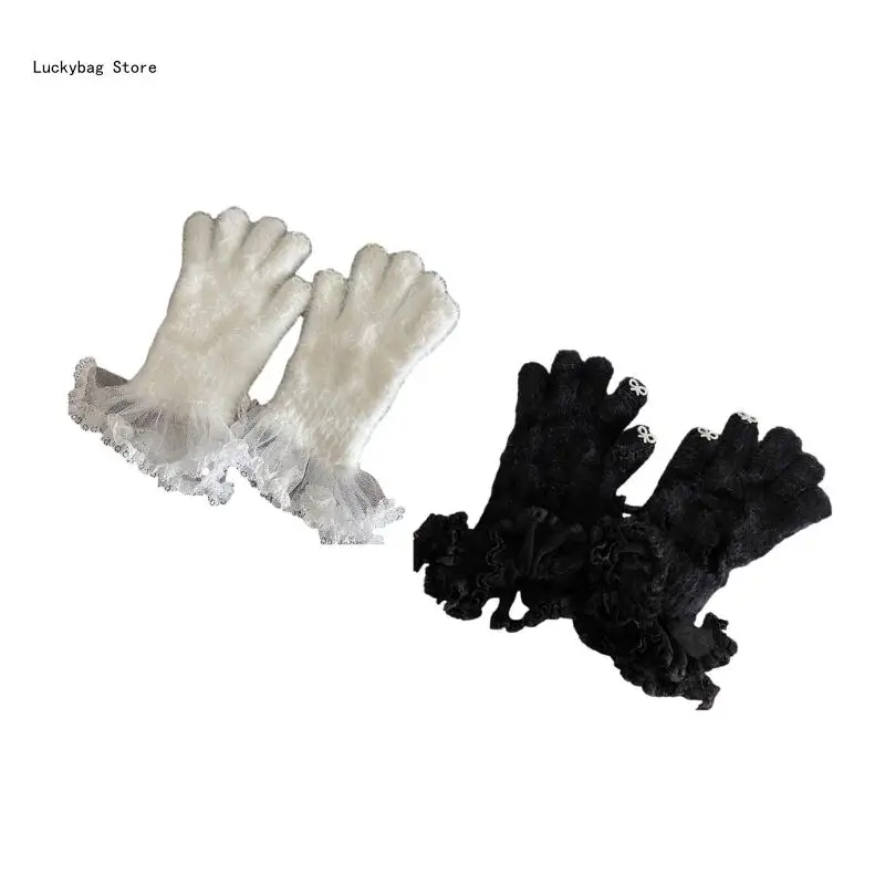 Rabbit Furs Gloves for Autumn Winter Warm Lace Cuffs Gloves for Female Girl Hand Warmer Coldproof Windproof Handwear