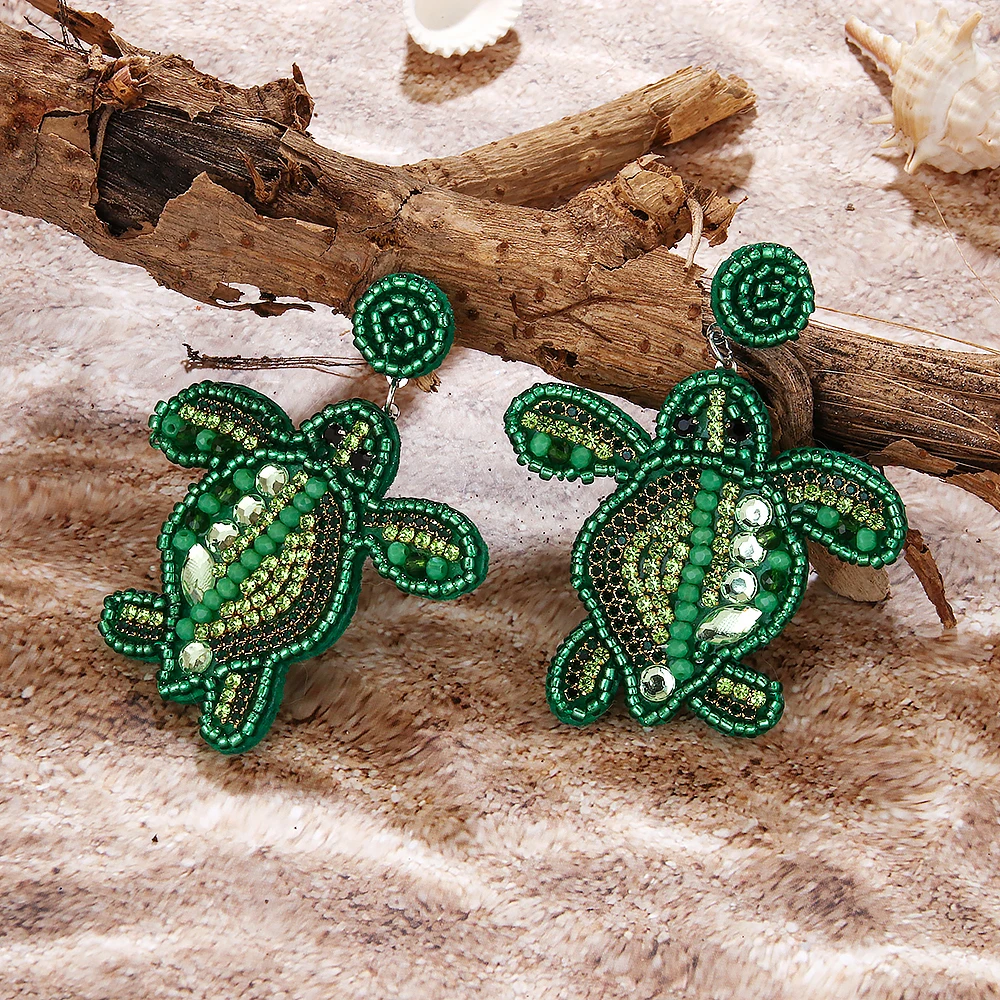 Beaded Summer Beach Style Earrings for Women Bohemian Handmade Funky Turtle Coconut Palm Shell Dolphin Dangle Ear Jewelry Lover