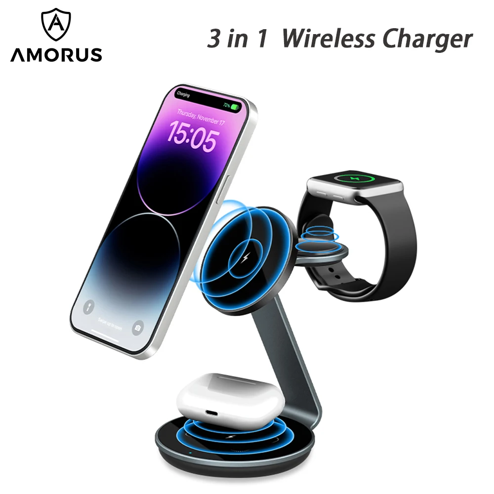 

AMORUS Charging Station for Mobile Phone / Earphone / Watch 3 in 1 Aluminum Alloy Magnetic Wireless Charger