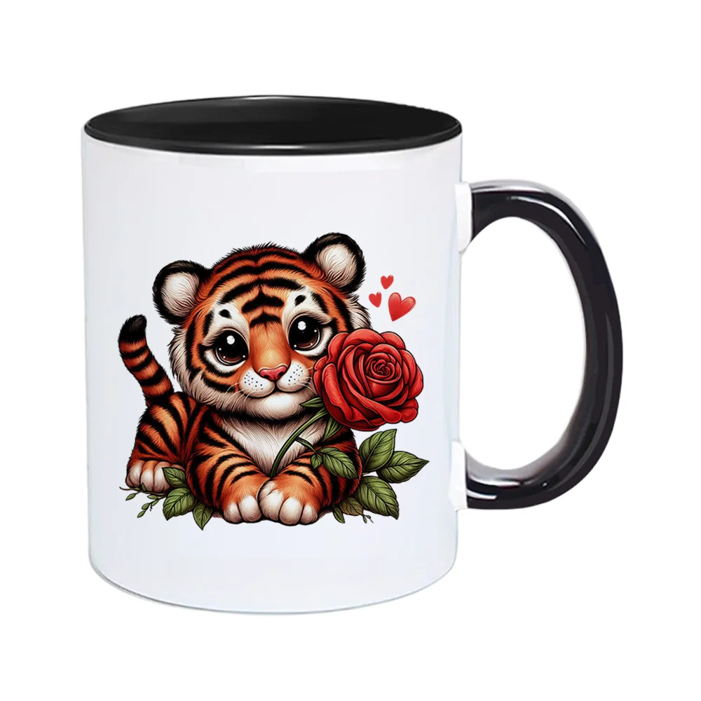 11oz Cute Tiger with Rose Print Ceramic Coffee Mug Valentine's Day and birthday Mother’s Day Father’s Day Holiday Present Home U