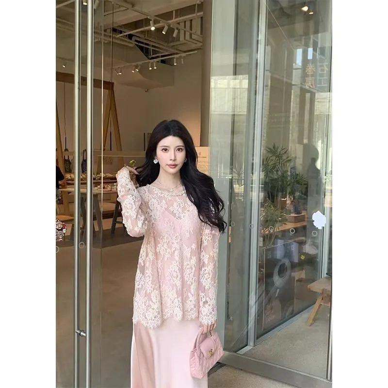 Pink Round-neck Shirt Women's Design Sense and Elegant Long-sleeved Smock Top New High-end Fashion Women's Clothing for Spring
