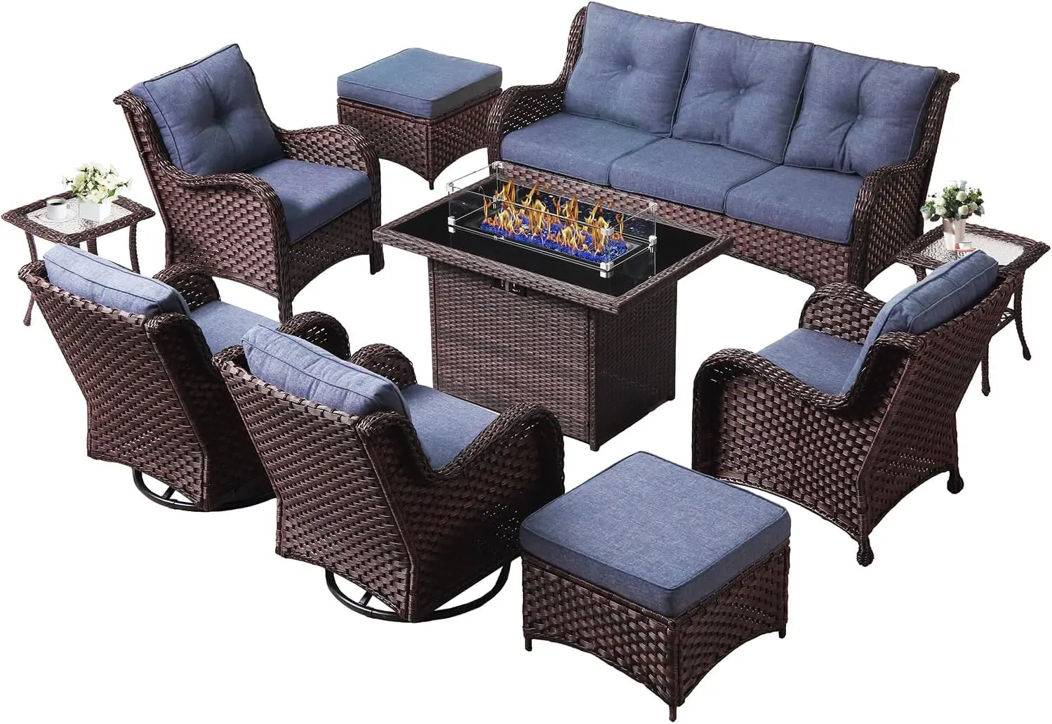 

10Pcs Patio Furniture Set with Fire Pit Table, Rattan Wicker Swivel Rocker Chairs, Glider, Single Chairs