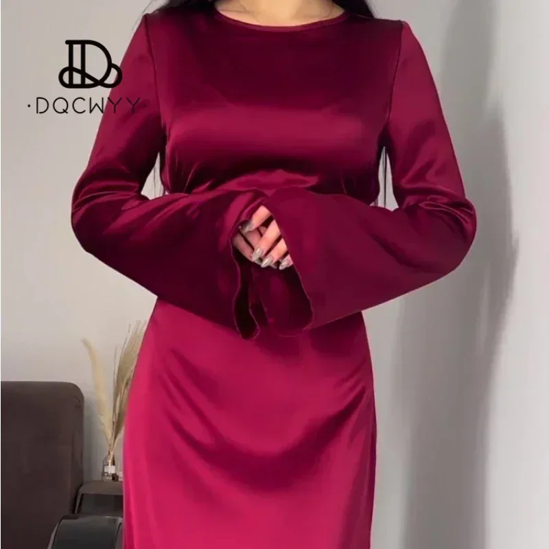 Spring Autumn 2024 New Lace Up Waist Slimming Lace Wine Red Color Long Dresses Sleeved British Style Elegant Dresses for Women