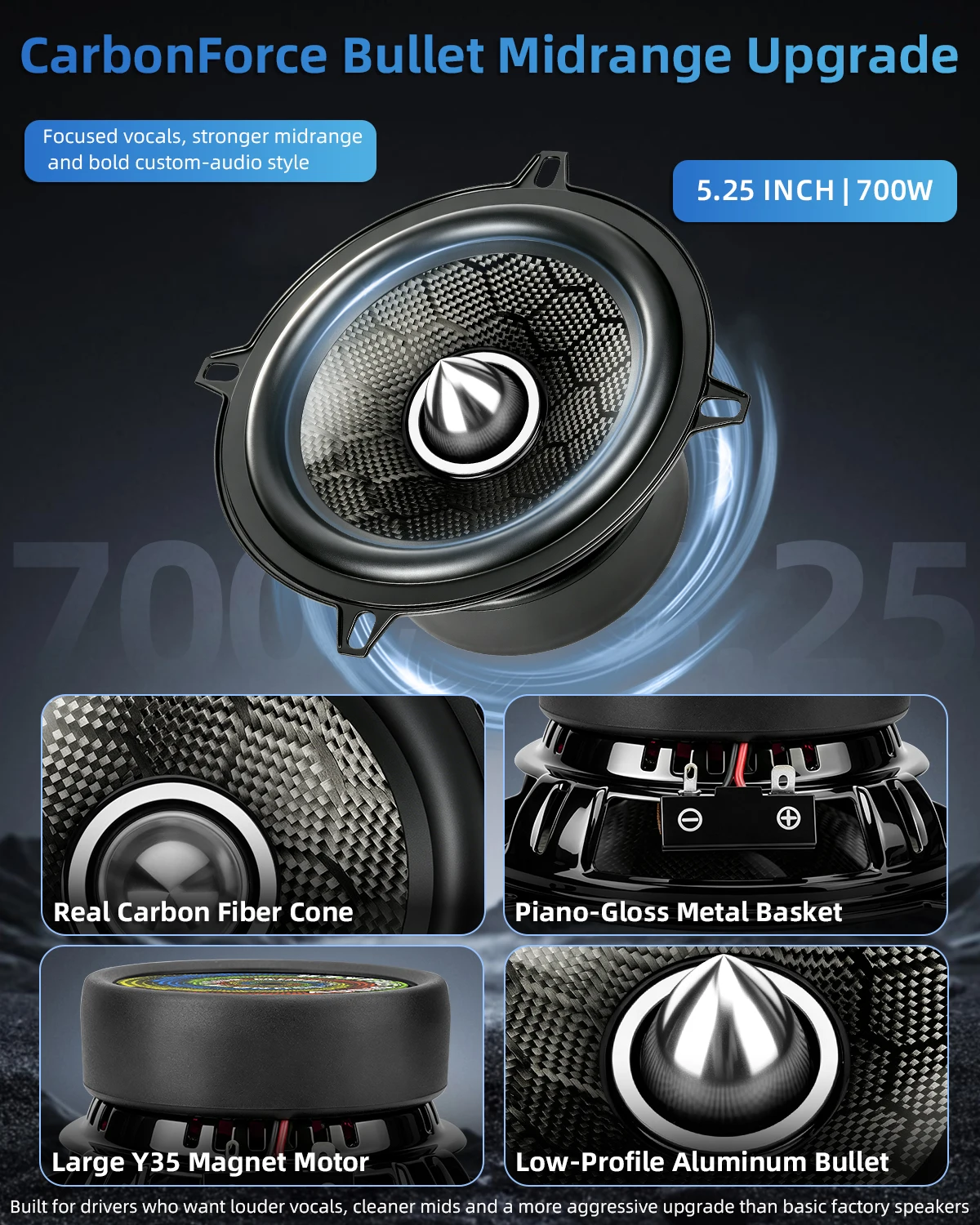 XPIAA CarbonForce 2pcs 5 Inch Speakers 700W Peak Bullet Shaped HIFI 4 Ohm Multimedia Cinema universal Speaker Automobile Parts
