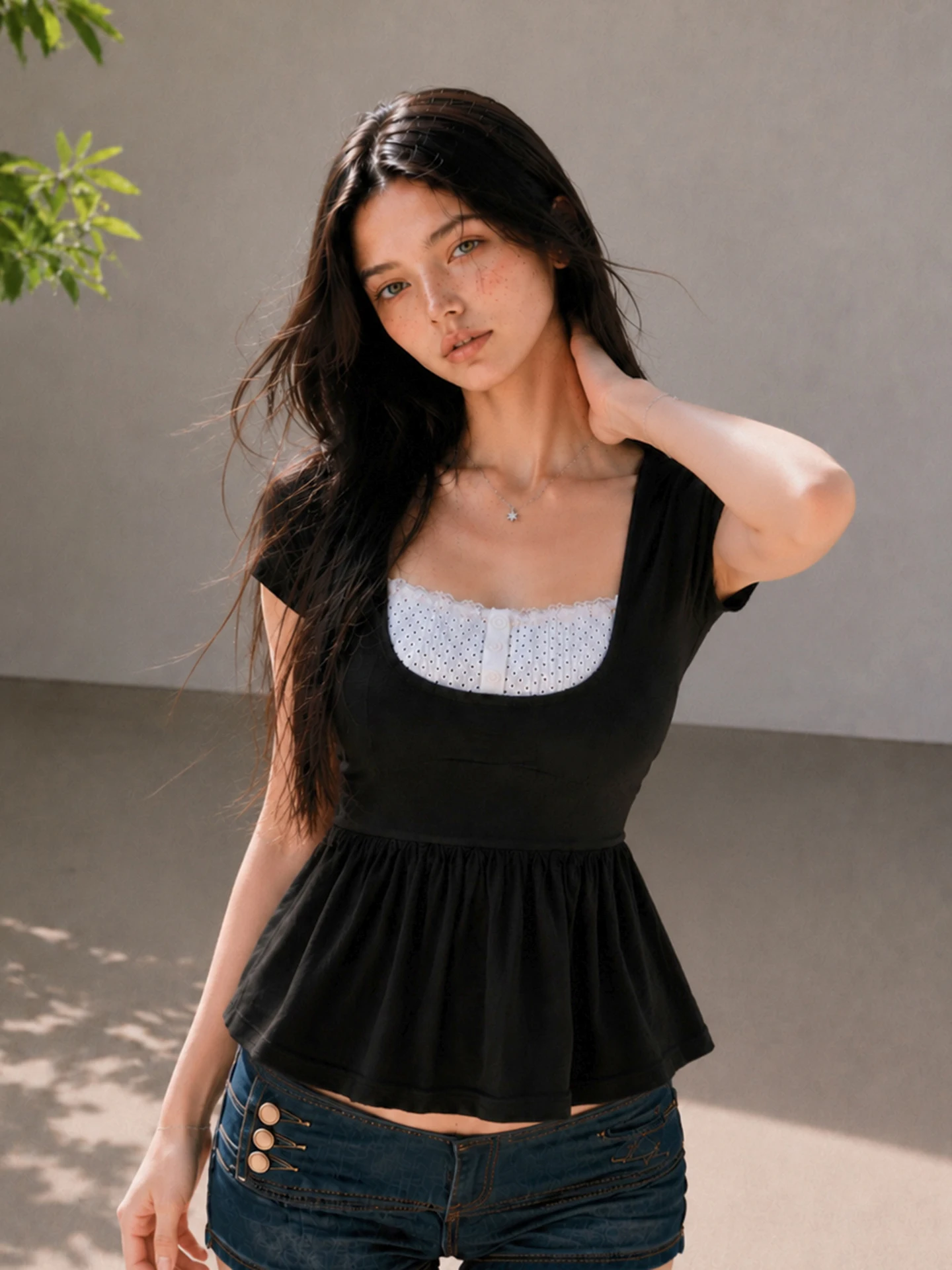 Funoff Retro Black White Contrast Color Polka Dot Lace Tied Short Sleeve T Shirt Waist Cinching Fake Two Piece Top for Women