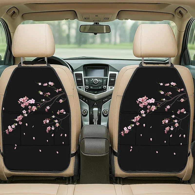 Car Seat Back Covers With Storage Pockets, Pink Cherry Blossom Pattern, Decorative For Car Interior