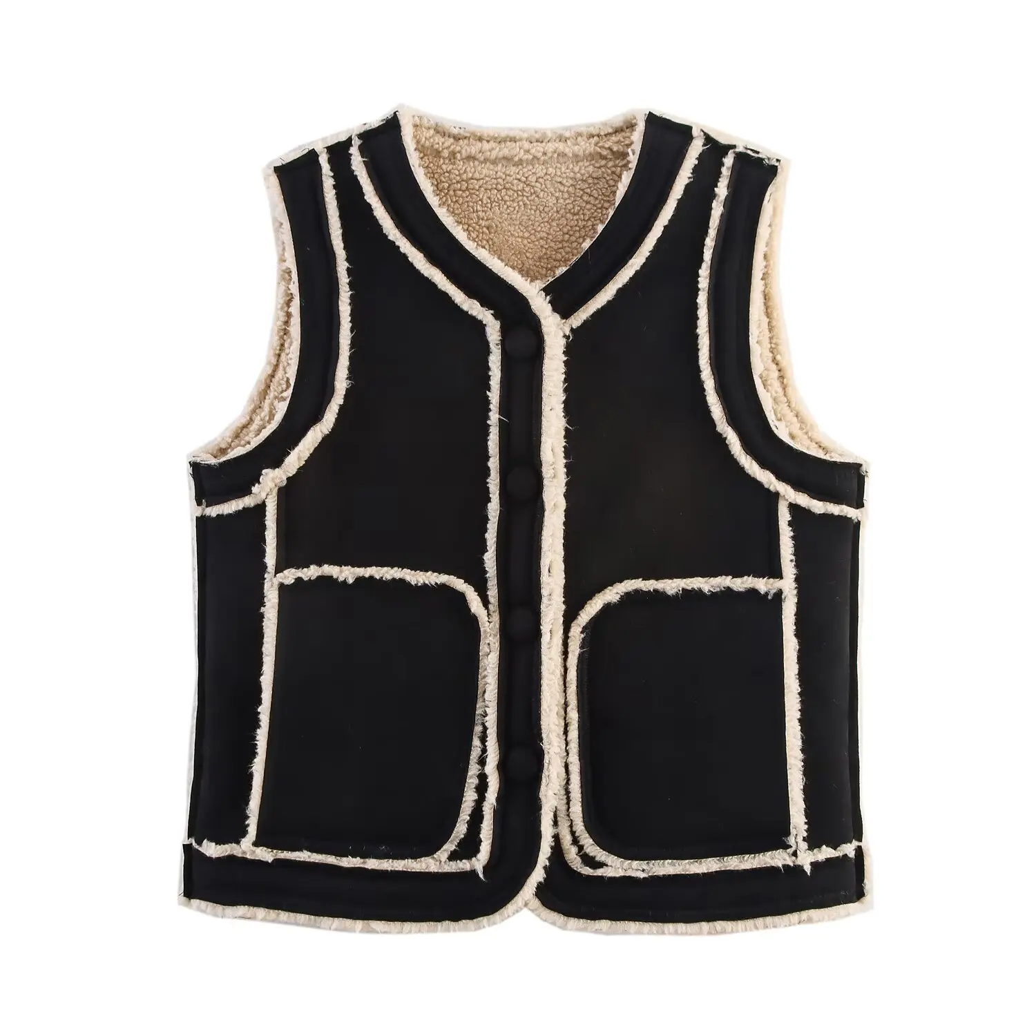 Retro Splicing Vest O-hals Single Breasted Pluche Dik Vest Mode Veelzijdig Casual Vest 2025, Herfst/Winter Nieuwe Dames Top