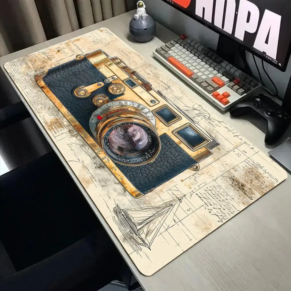 Retro film camera blueprints Mouse Pad Desk Mat with Stitched Edge XXL Mousepads Rubber Anti-slip Gamer Keyboard Rug Gaming Mats
