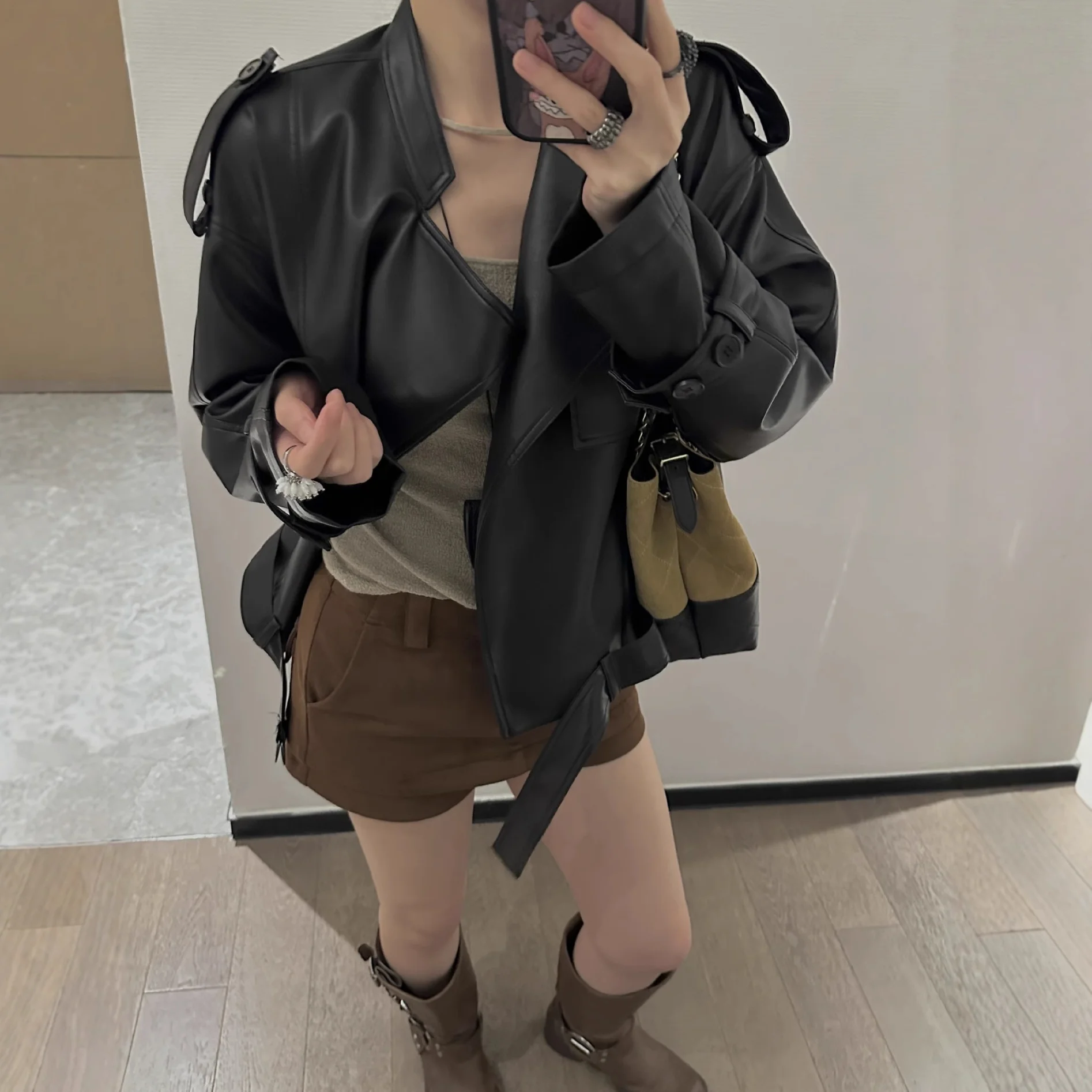 

High Street Belt Leather Jacket Waist Shoulder Pad Long Sleeve Stand Collar Zipper Coat Women Autumn Winter Party Office Wear