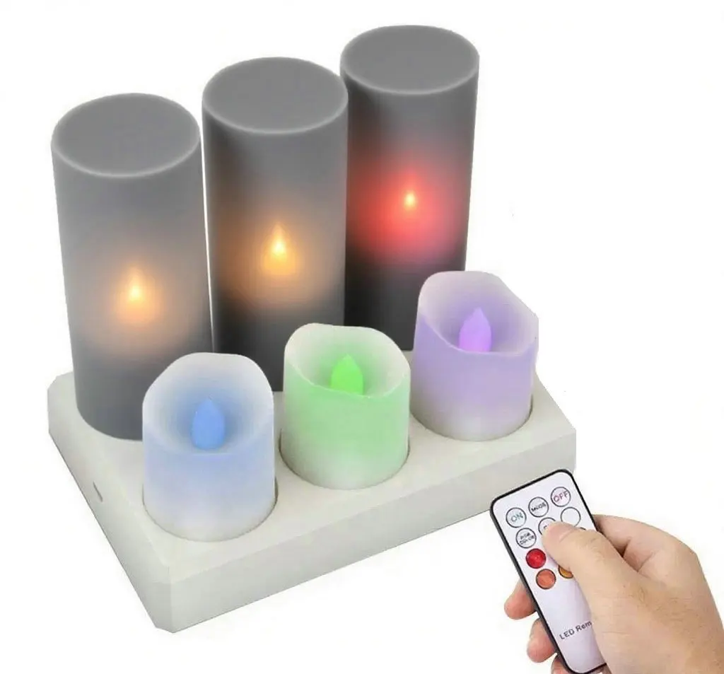 6pcs Remote Controlled Flameless Wavy Edge LED Tealight Votive RGB Candle Lamp USB Rechargeable Home Table Decoration-Multicolor