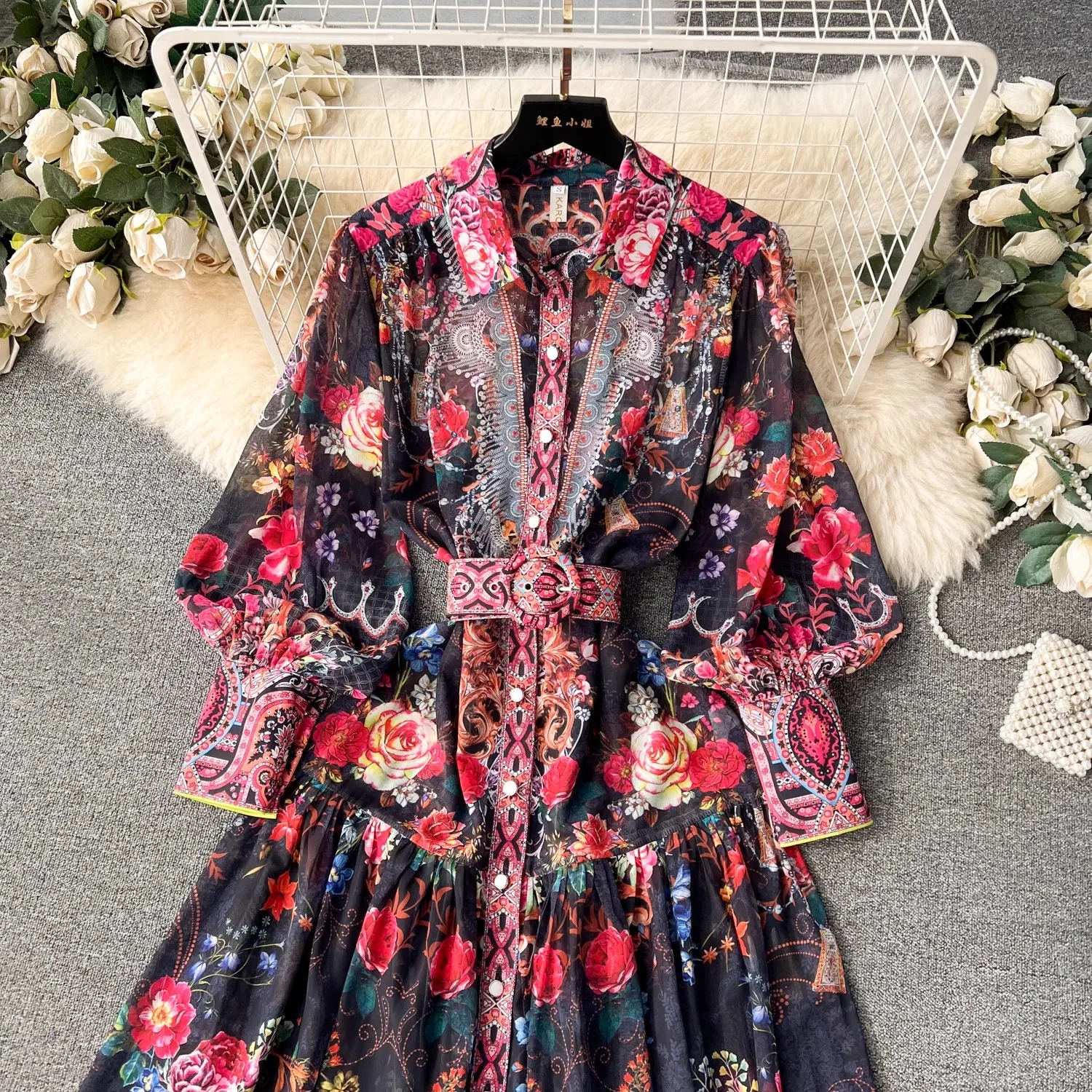 Neue Frühling Sommer Blumen druck Chiffon Boho lose lässige Frauen einreihige Laterne Ärmel Gürtel Mode Urlaub Kleider