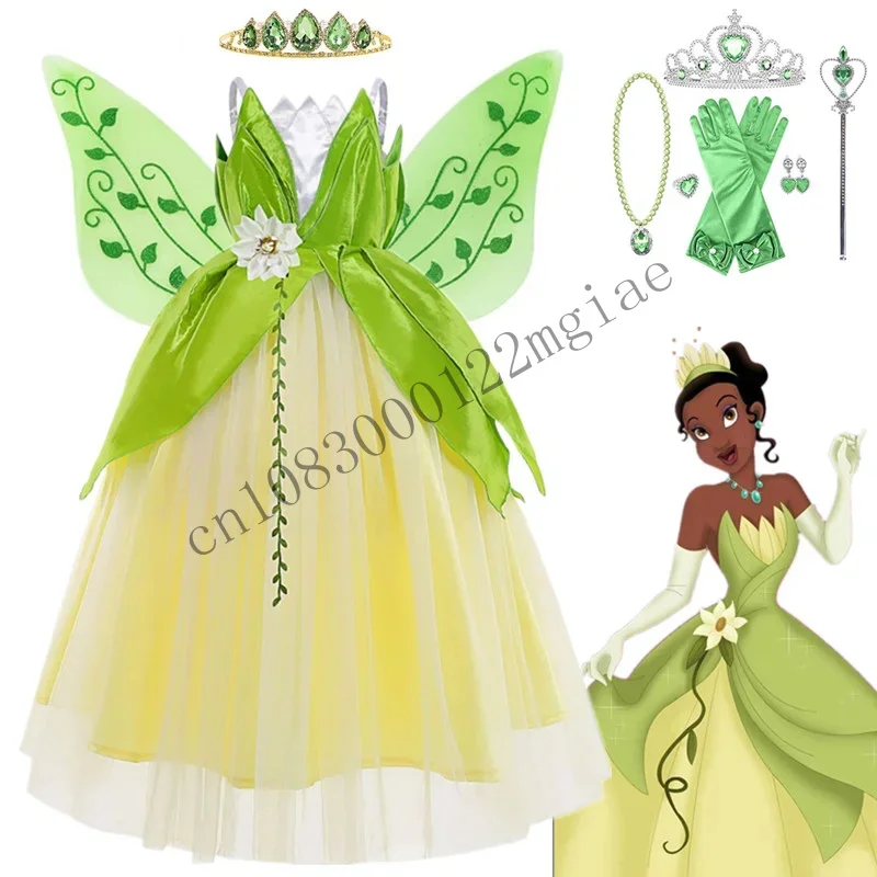 Halloween Children Tiana Cosplay Costume Girls Party Green Gowns Flower Princess Dresses Fancy Forest Fairy Elf Dress Up CMM221