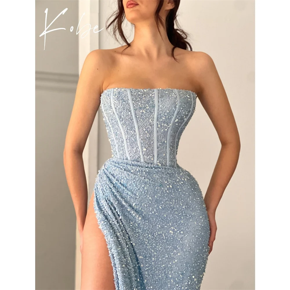 

Kobe Blue Side High Split Prom Dresses Sleeveless Strapless Customized فساتين سهرات Floor-Length vestido de gala noche mujer