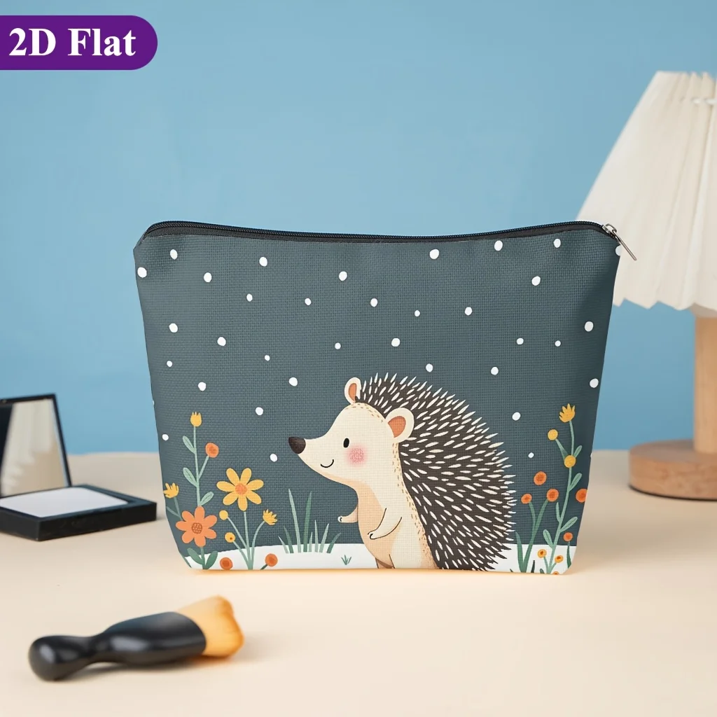 Makeup Bag Hedgehog Standing Flower Field, Lightweight Zippered Fashion Design Toiletry Pouch for Travel Daily Use Storage Bag