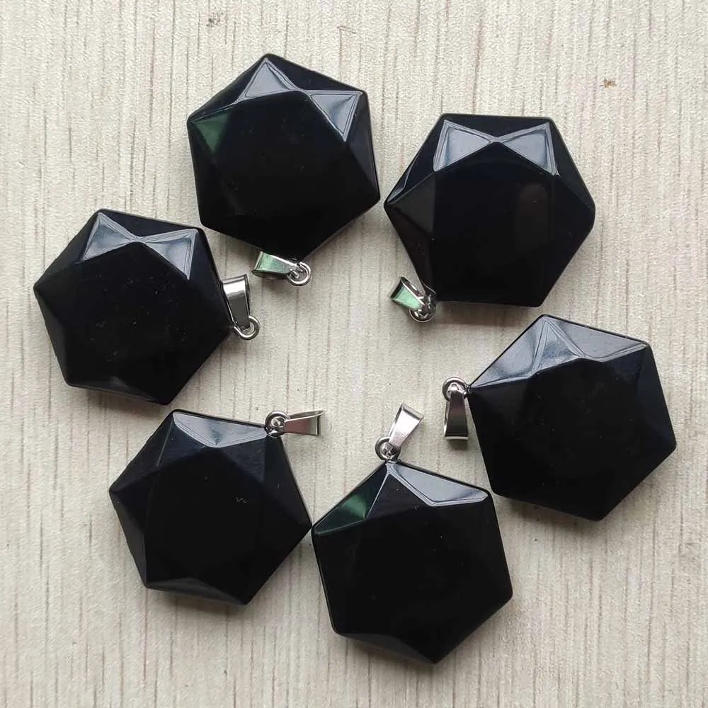 Fashion Natural black obsidian stone Faceted hexagon pendants for diy Necklace Jewelry making Wholesale 6pcs/lot free shipping