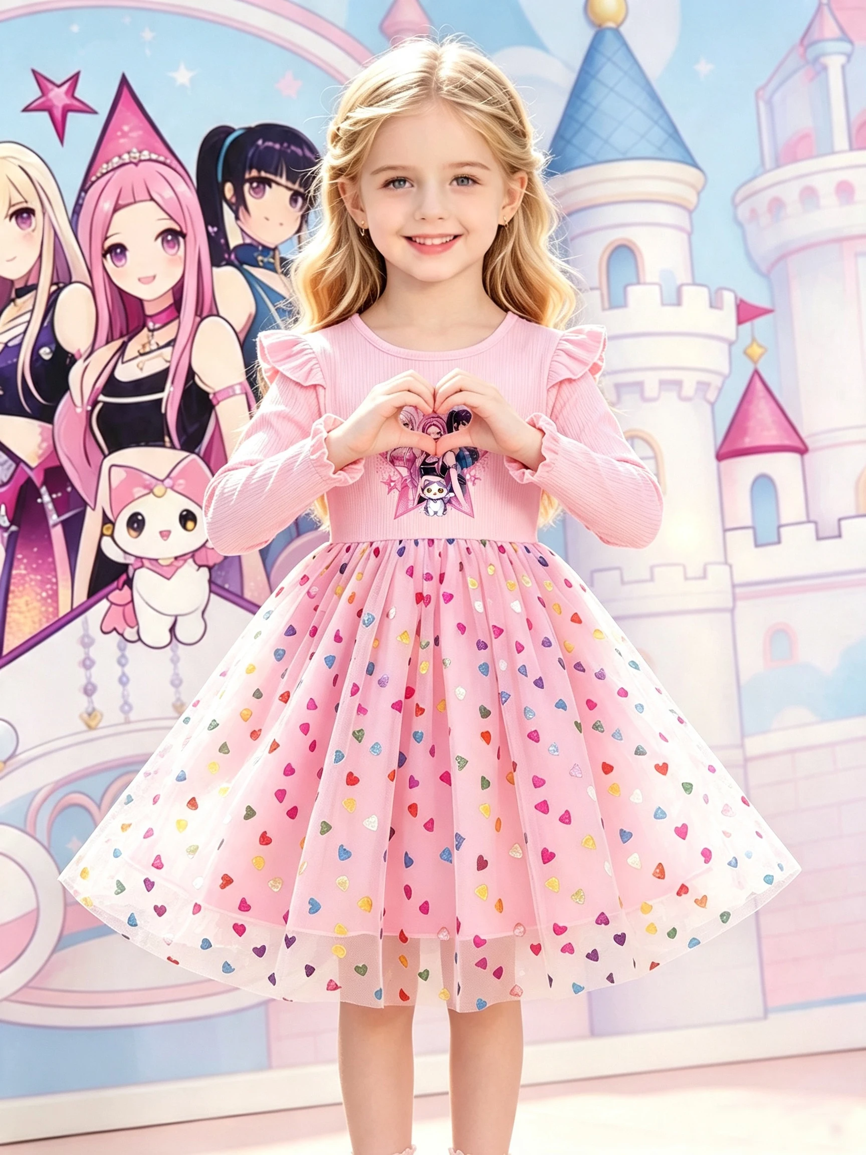 Girls Cartoon Printed Long Sleeve Tulle Princess Dress, Pink Flutter Sleeve Colorful Heart Puffy Skirt Kids Spring Autumn Dress